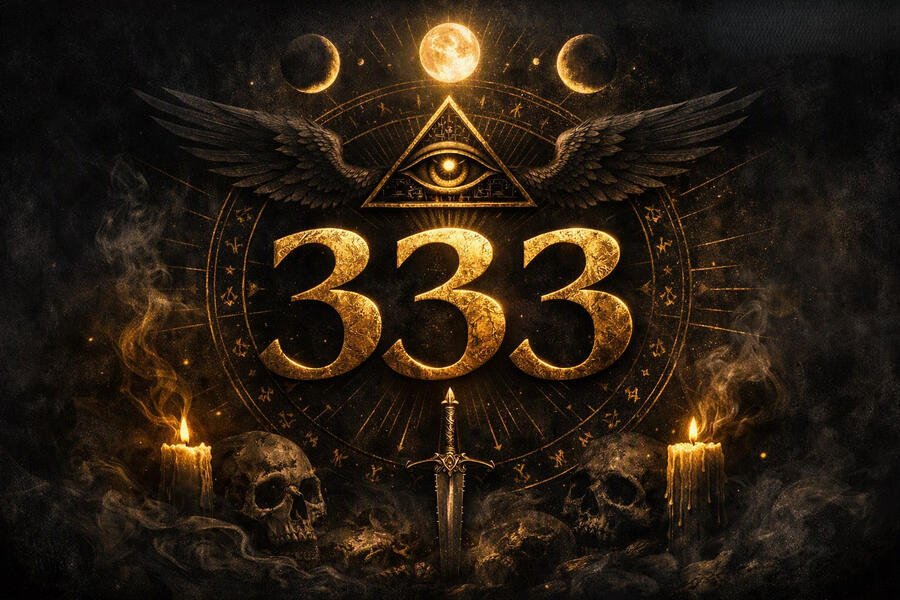 333 — The Call Within the Shadow Mystical artwork featuring the number 333 glowing in gold beneath an Eye of Horus and pyramids, surrounded by cosmic mist and golden light.